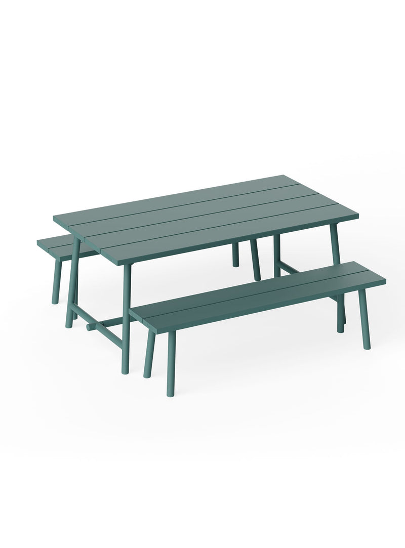 Fred’s medium outdoor dining table with two benches in dark sage aluminum for Canadian patio