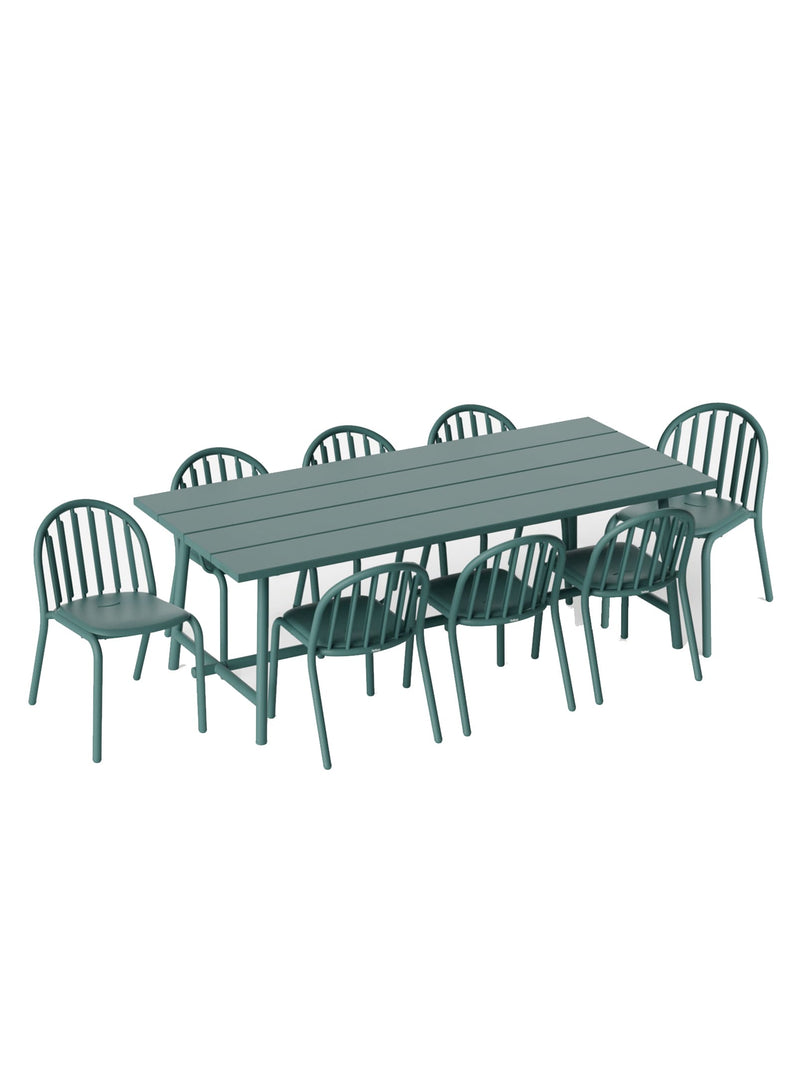 Fred’s Outdoor Dining Set in dark sage by Fatboy — modern 8-seater aluminum table with eight chairs for patios, decks, and gardens.