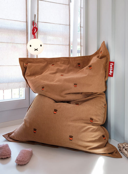 Slim Cord x Miffy bean bag uniting Fatboy comfort with Miffy’s playful charm in soft recycled corduroy.