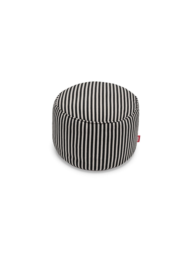 Fatboy Point Terry pouf in Black Cream striped terry fabric versatile indoor seat footrest or side table with washable cover and anti slip base.