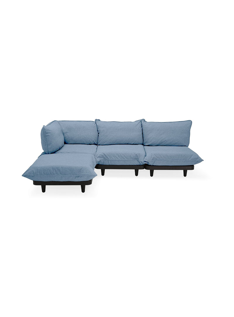 Fatboy Paletti 4-seater sectional outdoor sofa in storm blue color, modular and UV-resistant, perfect for Canadian patios and garden lounging.