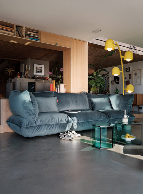 Fatboy Sumo Sofa 3-Seater Velvet in Petrol – modular indoor sofa with recycled fabric and soft sheen finish.