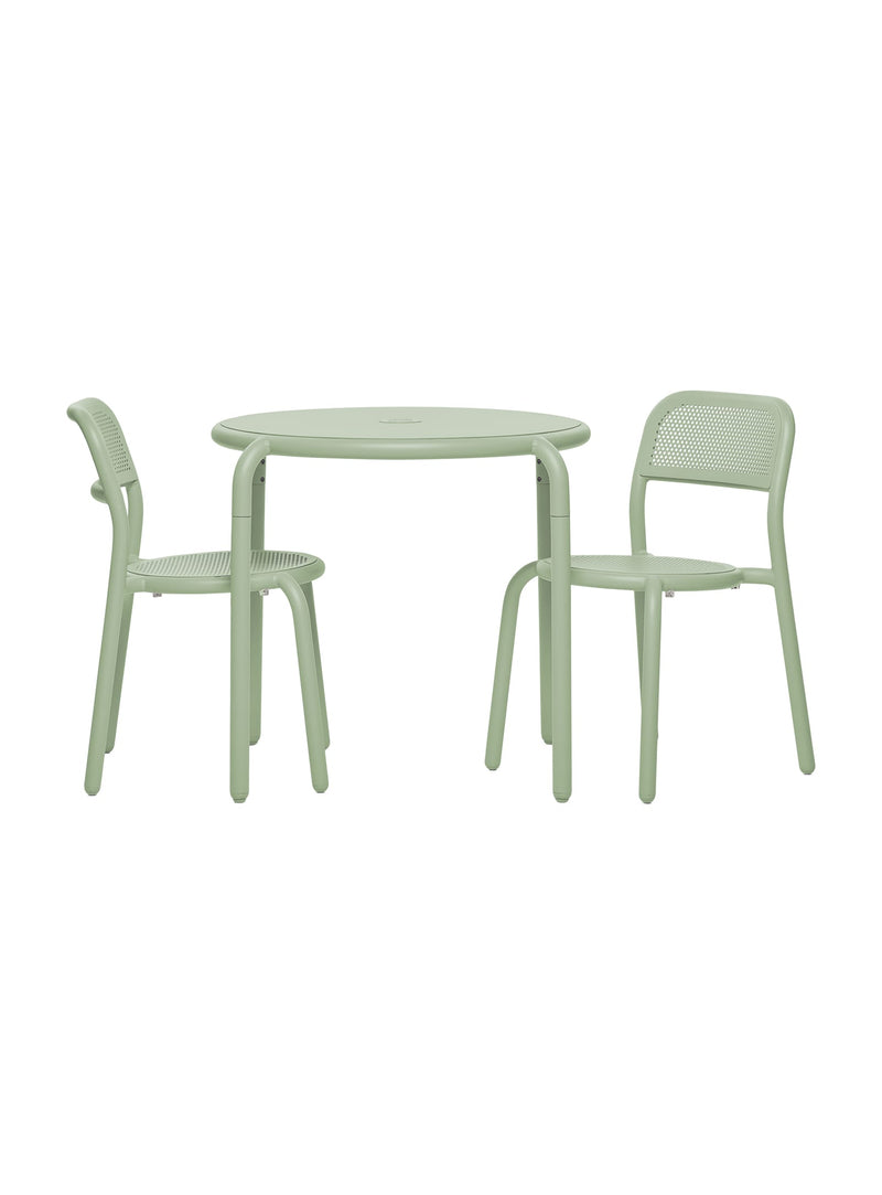 Toní Bistreau + 2 mist green color chairs by Fatboy, lightweight aluminum outdoor bistro set for Canadian patios, balconies, and terraces.