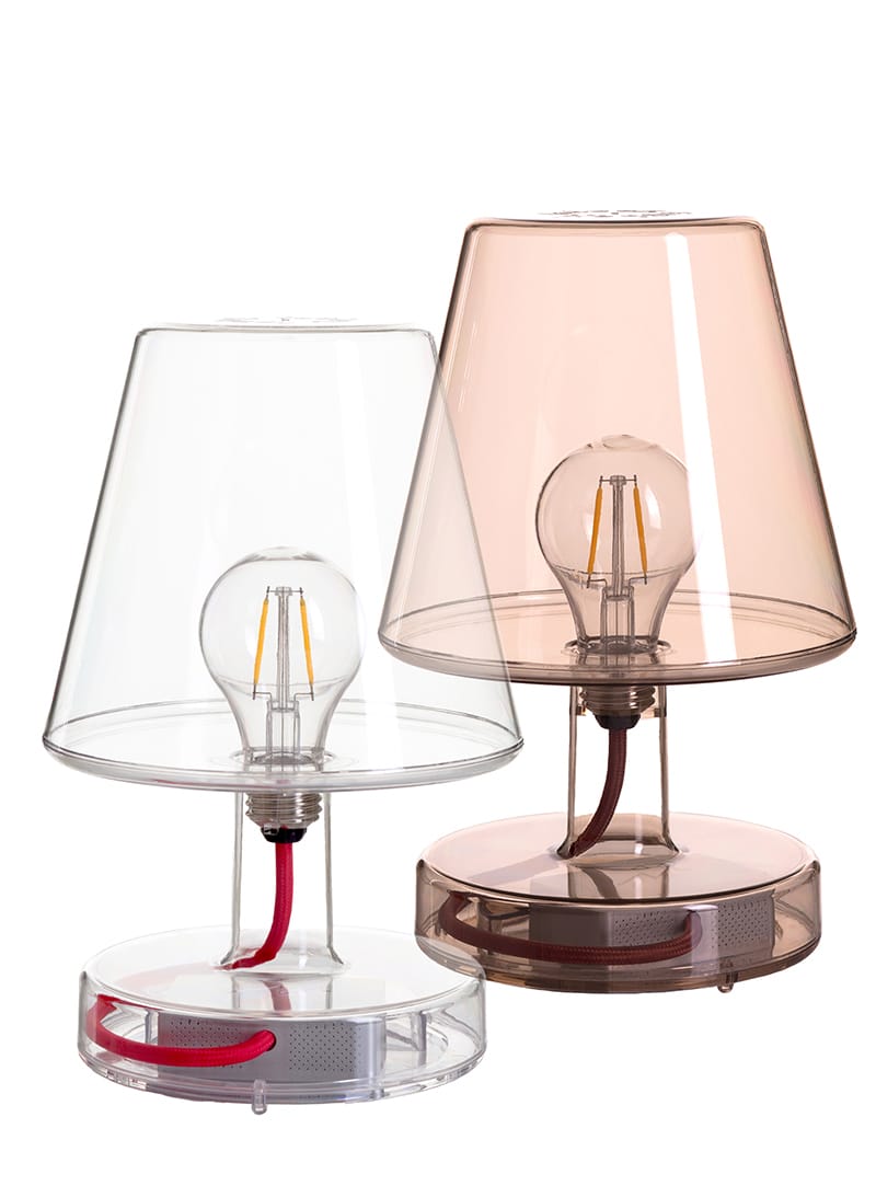 Set of 2 Fatboy Transloetje table lamps in transparent & brown color, featuring wireless, touch-controlled LED lighting with 3 brightness settings for modern Canadian interiors.