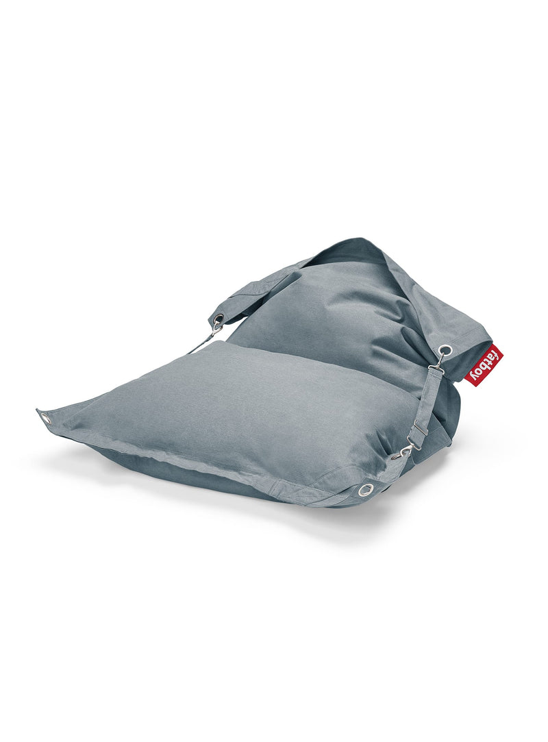 Fatboy Buggle-Up Olefin bean bag chair in storm blue color, weather-resistant and UV-resistant, perfect for versatile indoor or outdoor use.