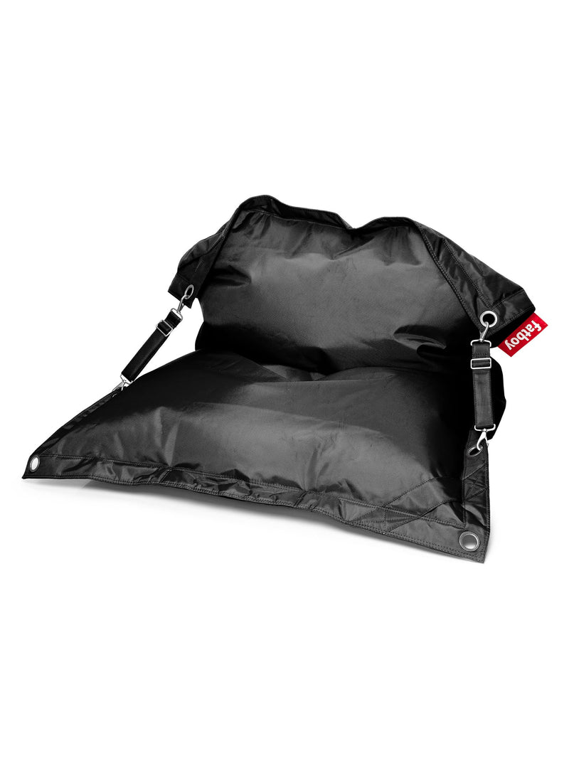 Fatboy Buggle-Up black bean bag chair, versatile and water-repellent, with adjustable straps for solo or duo seating, ideal for indoor use.