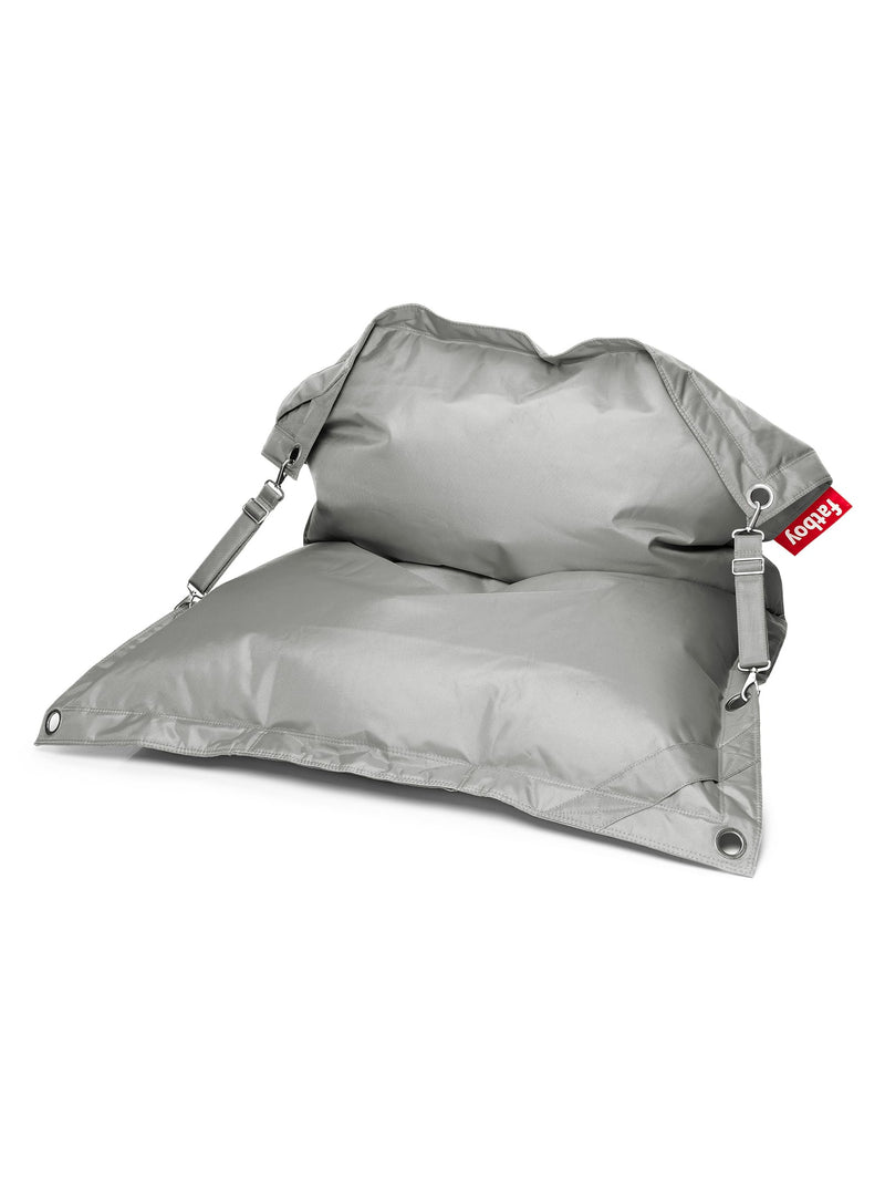 Fatboy Buggle-Up light grey bean bag chair, versatile and water-repellent, with adjustable straps for solo or duo seating, ideal for indoor use.