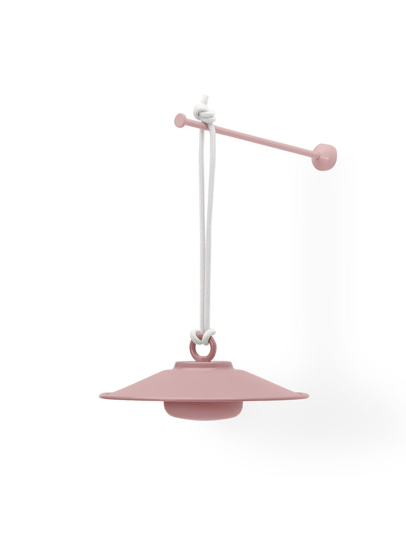 Chap-O cordless pendant lamp in Soft Pink with stainless steel shade, dimmable LED light for indoor and outdoor use.