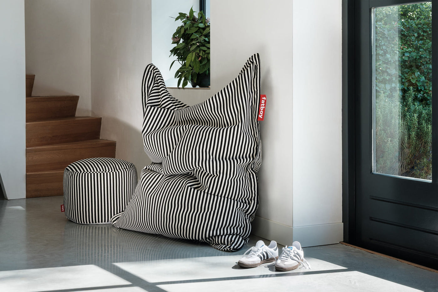 Fatboy Slim Terry bean bag in ultra-soft striped terry cloth, compact and cozy, perfect for stylish indoor lounging.