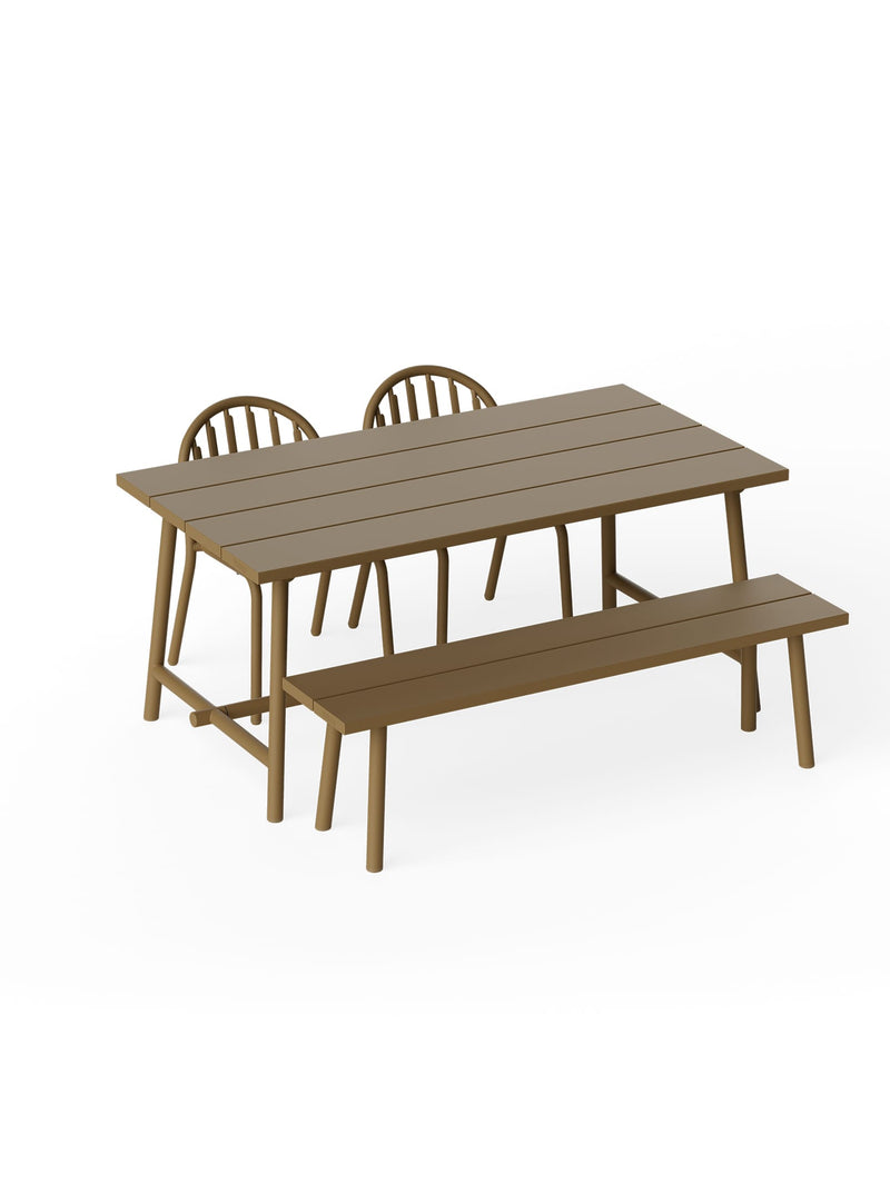 Fred’s medium outdoor dining table with two chairs in mochaccino aluminum for Canadian patio