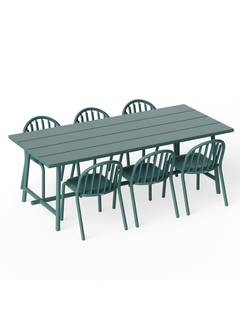 Fred’s Outdoor Dining Set in dark sage by Fatboy — modern 6-seater aluminum table with six chairs for patios, decks, and gardens.