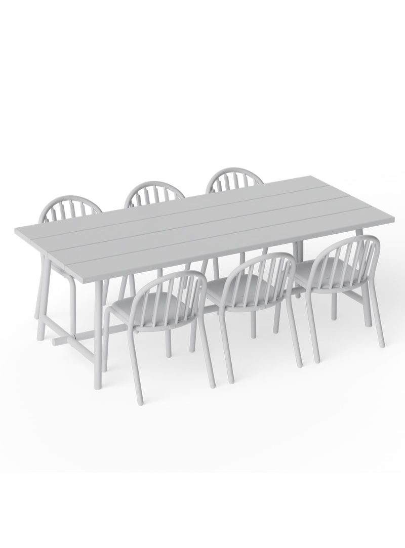 Fred’s Outdoor Dining Set in light grey by Fatboy — modern 6-seater aluminum table with six chairs for patios, decks, and gardens.