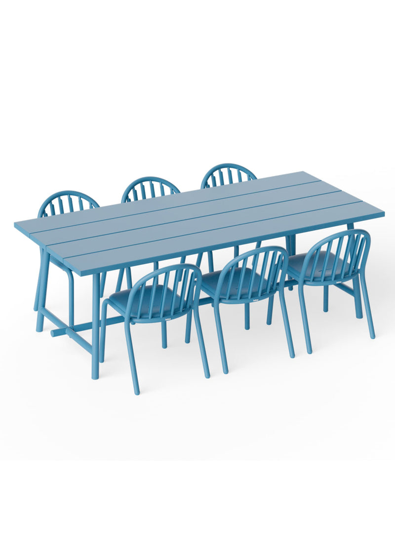 Fred’s Outdoor Dining Set in wave blue by Fatboy — modern 6-seater aluminum table with six chairs for patios, decks, and gardens.