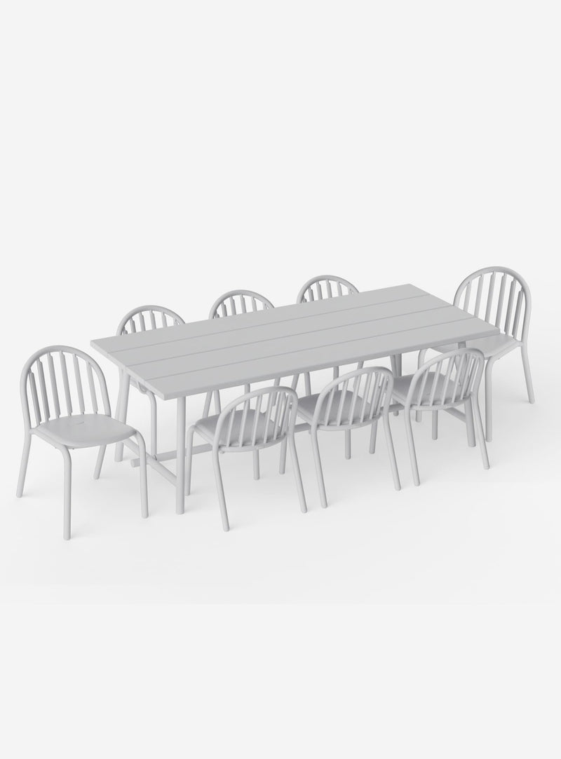 Fred’s Outdoor Dining Set in light grey by Fatboy — modern 8-seater aluminum table with eight chairs for patios, decks, and gardens.