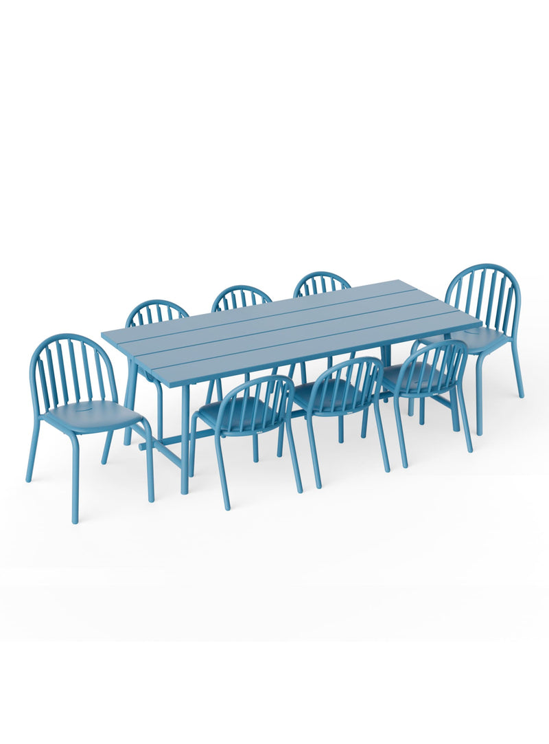 Fred’s Outdoor Dining Set in wave blue by Fatboy — modern 8-seater aluminum table with eight chairs for patios, decks, and gardens.