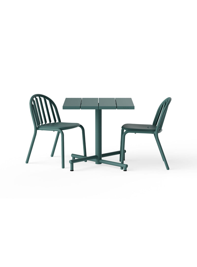 Fred’s Square Bistro Set in Dark Sage pairs an 80×80 cm table with two stackable chairs for stylish outdoor dining.