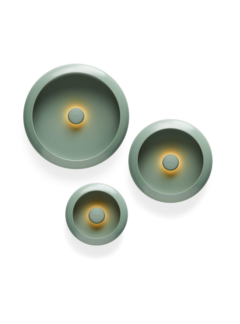 Fatboy Oloha set of 3 in sage, magnetic LED lamps with dimmable brightness and metal bowls, perfect for wall or table use in Canadian homes.