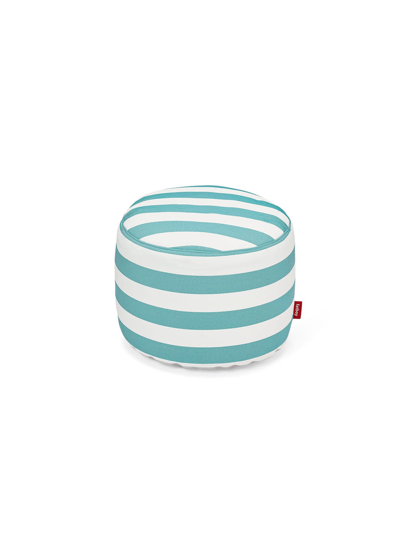 Fatboy Point Olefin outdoor ottoman in stripe azur color, a water-resistant and UV-resistant pouf, perfect for Canadian patios and garden seating.