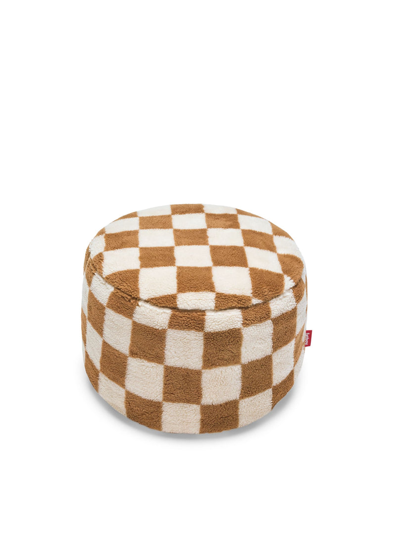 Fatboy Point Teddy pouf in Almond Cream, round indoor ottoman with supersoft teddy fabric and anti-slip base