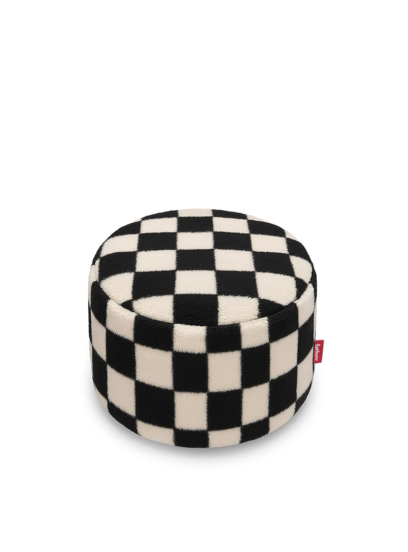 Fatboy Point Teddy pouf in Black Ecru, round indoor ottoman with supersoft teddy fabric and anti-slip base