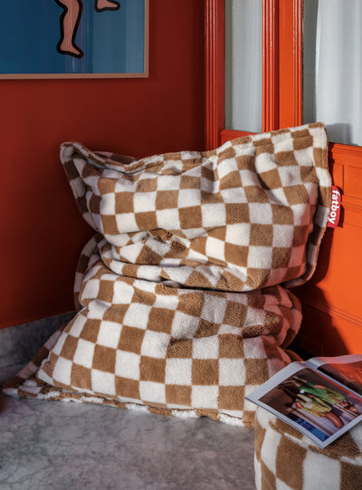 Fatboy Slim Teddy Chess bean bag in Almond Cream with soft checkered fabric, perfect for cozy indoor lounging in Canada.